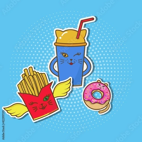 Fototapeta a glass of juice, fries, donut in the form of a cat