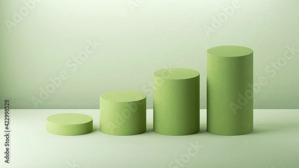 Fototapeta 3d render, abstract minimal geometric background. Row of green cylinders, increasing graph. Isolated objects, primitive shapes. Profit chart. Business concept