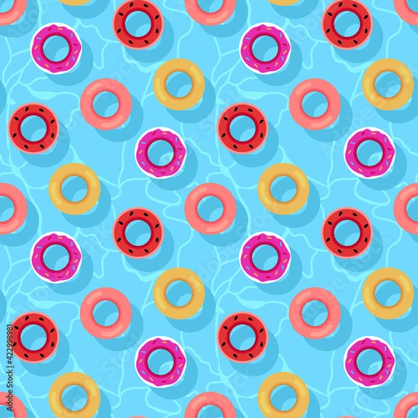 Fototapeta Summer time pattern. Inflatable life ring, floating buoy in wavy water swimming pool pattern, kid pool toys background, print design