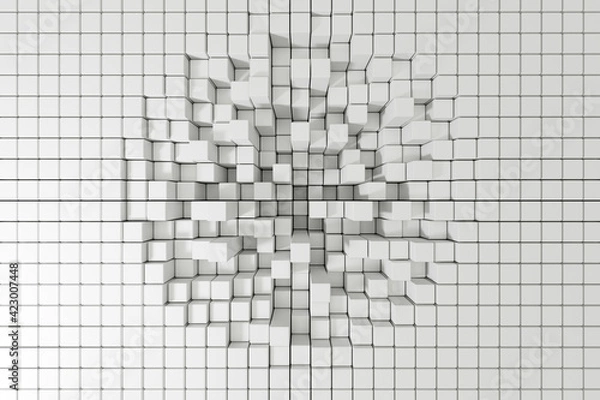 Fototapeta Impact concept background. White grid of cubic blocks forming a dent. 3D illustration