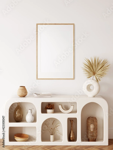 Fototapeta Frame & poster mockup in Boho style interior. 3d rendering, 3d illustration	