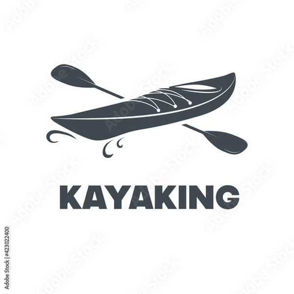 Fototapeta Silhouette of a kayak with a paddle on a transparent background. Vector flat design symbol of kayaking and canoeing. Web icon of water sports transport.
