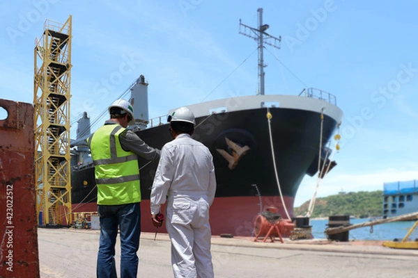 Obraz Engineer Workers in shipyard for ship repair or maintenance, on ship moored alongside background