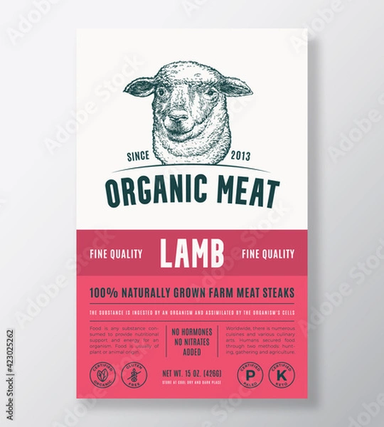 Fototapeta Organic Meat Abstract Vector Packaging Design or Label Template. Farm Grown Steaks Banner. Modern Typography and Hand Drawn Sheep or Lamb Head Silhouette Background Layout with Soft Shadow
