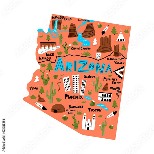 Obraz Arizona flat hand drawn vector illustration. American state map isolated on terracotta background.