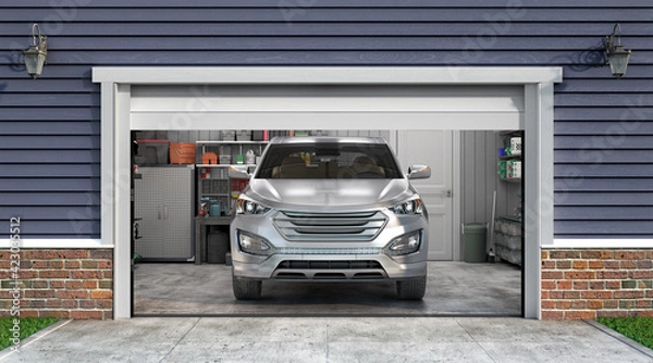 Fototapeta 3d render of garage interior with open door and car in front 3d illustration
