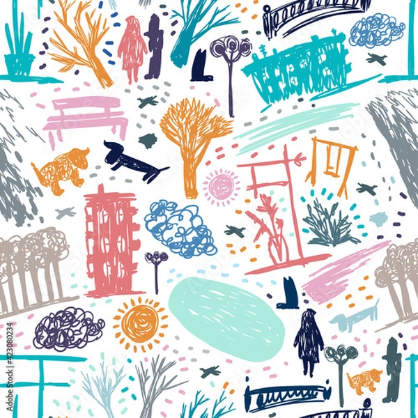 Fototapeta Seamless vector colorful pattern lined sketch of abstract city street in bright pastel tones on white background. The design is perfect for textiles, backgrounds, wrapping paper, decorations