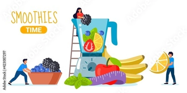 Fototapeta Smoothie time Making healthy drink Blender for vegetables Preparation of natural organic juices and smoothies from blackberry blueberry orange banana apple strawberry green herbs Cartoon Flat Vector I