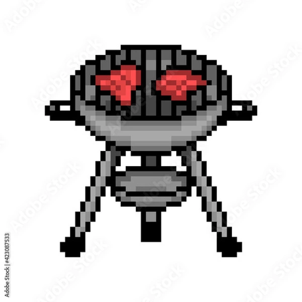 Fototapeta Metal barbecue kettle grill with meat steak, pixel art icon isolated on white background.BBQ party equipment. Summer outdoor activity. Picnic food. 8 bit vintage retro slot machine/video game graphics