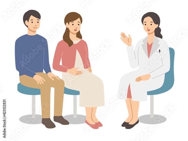 Obraz 笑顔の若い夫婦と診察する女性医師