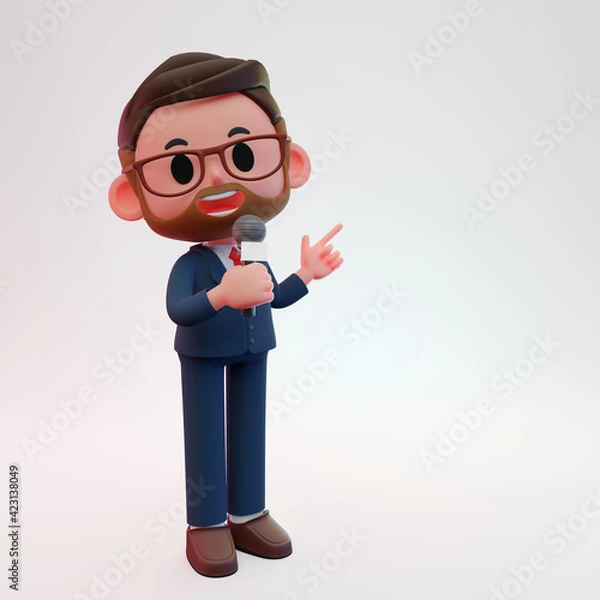 Fototapeta 3d render illustration of man, reporter speaking on microphone standing on blue color background