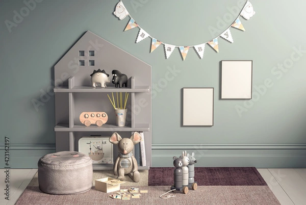 Fototapeta Mockup poster in the children`s room in pastel colors. Scandinavian style. 3d illustration.