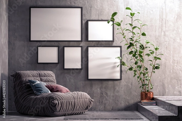 Fototapeta Minimal. grey living room interior with black fabric armchair, plants and frames on grey wall background.3d rendering.