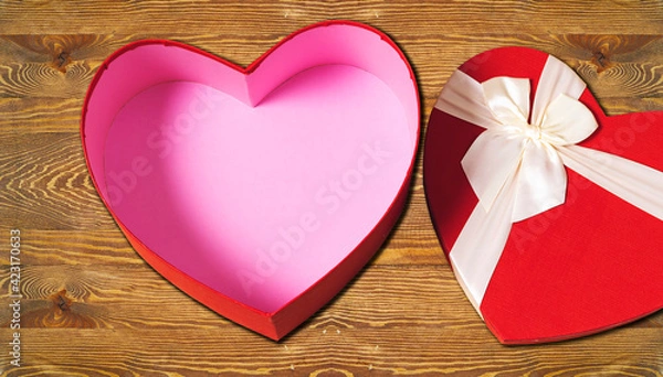 Fototapeta open heart shaped box on wooden table