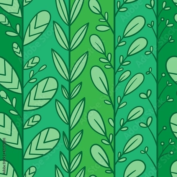 Fototapeta Seamless pattern with different plants on green background. Vector print with herbs.