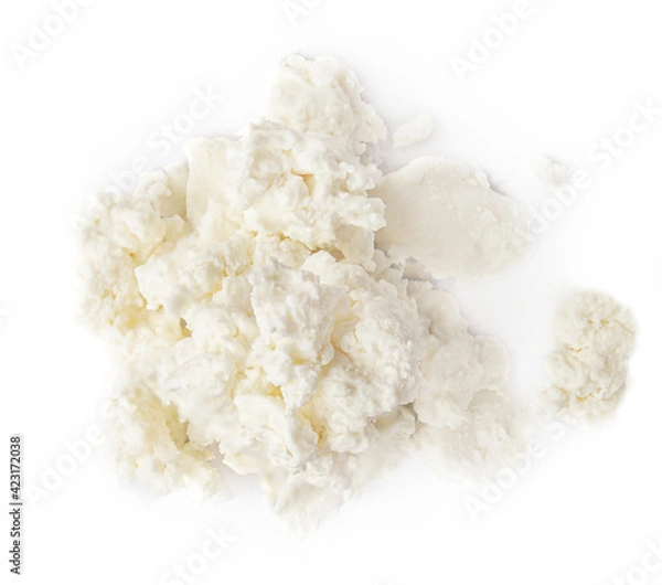 Obraz Cottage cheese isolated on white background closeup. Diary Products with high protein. Top view