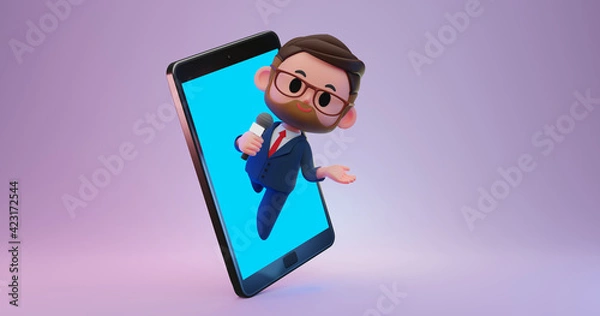 Fototapeta 3d render illustration of man, reporter speaking on microphone coming out of the screen of giant smartphone