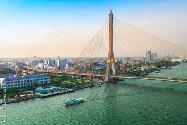 Fototapeta Bangkok Transportation at Dusk with the bridge across the river (Thailand)