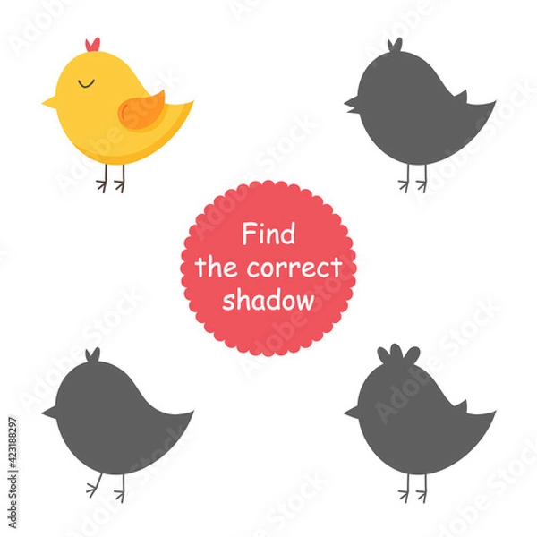 Obraz Cute vector chicks, cartoon animals. Graphic illustration on a white background. Set of domestic cartoon animals for print, children development, find the right shadow