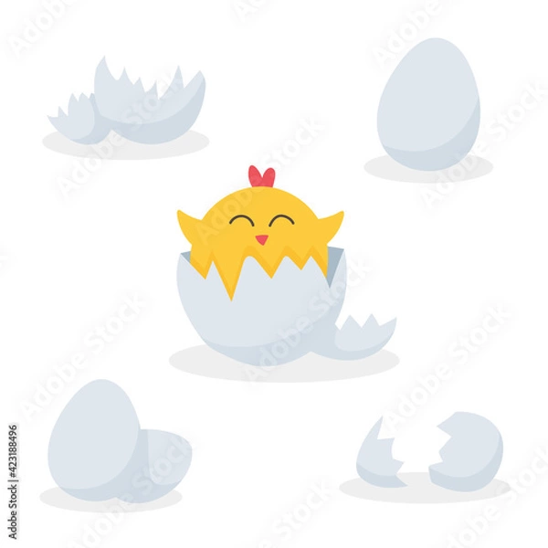 Fototapeta Funny vector eggs and chicken. The graphic illustration is isolated on a white background. Poultry for printing postcards, fabrics, textiles, children's assignments