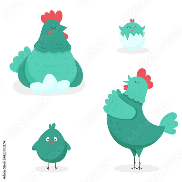 Fototapeta Funny family with hen, rooster and chickens. The graphic illustration is isolated on a white background. Pets for printing postcards, fabrics, textiles, children's assignments