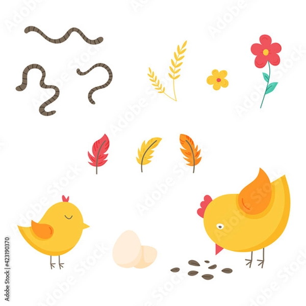Obraz Set of funny vector chickens, eggs, feathers and worms. The graphic illustration is isolated on a white background. Poultry for printing postcards, fabrics, textiles, children's assignments