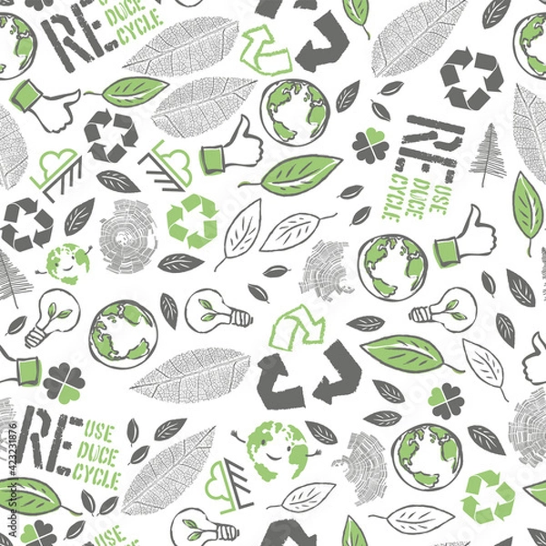 Fototapeta Earth Day Seamless Pattern design. Vector illustration composed from many ecology theme symbols.