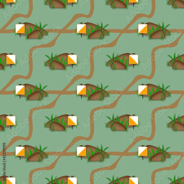 Fototapeta Orienteering sport illustration, seamless pattern with prism on hilly terrain with footpaths