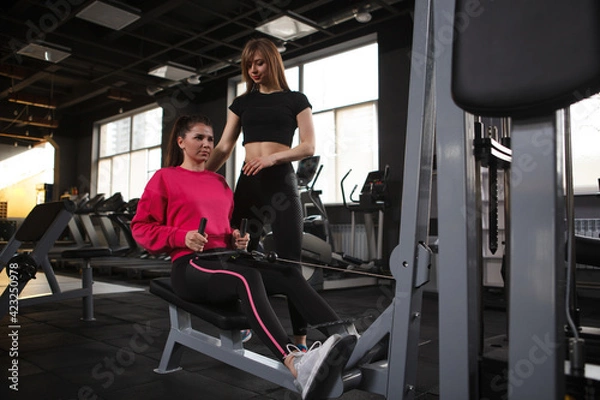 Fototapeta Personal trainer and her client using seated cable row gym machine, copy space