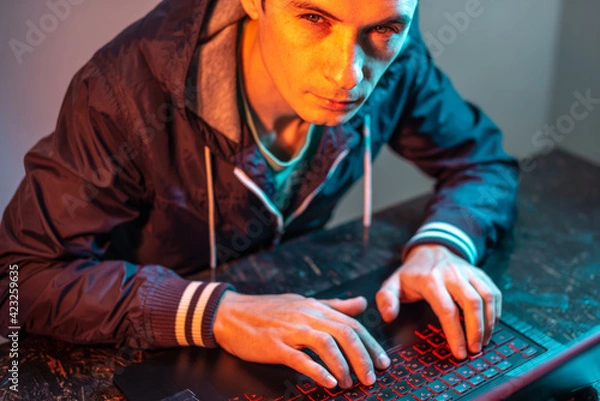 Fototapeta A male hacker is typing on a laptop keyboard in a dark room under a neon light. Cybercrime fraud and identity theft