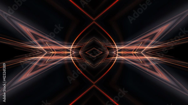 Fototapeta Abstract modern dark background with rays and lines. Dark empty scene with geometric patterns. Night abstract blue background with golden light. Neon light, symmetric reflection.