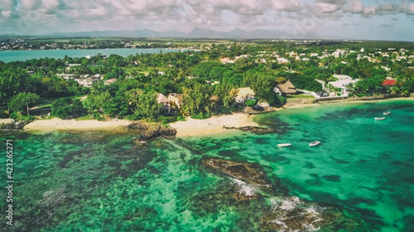 Fototapeta Aerial view of Mont Choisy coastline from drone, Mauritius