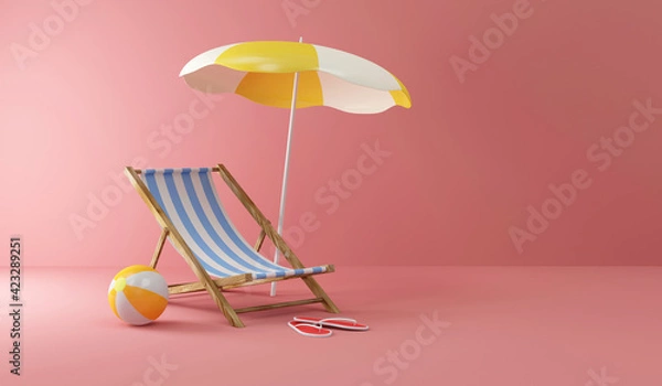 Fototapeta Summer Concept. Deck Chair with Sunshade and Color Beach Ball on Pink Studio background