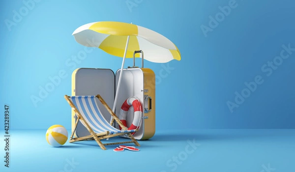 Fototapeta Summer Concept. Suitcase with Different Accessories for Vacation on studio background