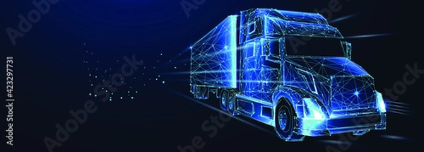 Fototapeta Tractor truck. Abstract vector 3d heavy lorry van. Highway road. Isolated on  dark blue background. Transportation, logistics or international shipping concept. Digital polygonal low poly 3d mesh illu