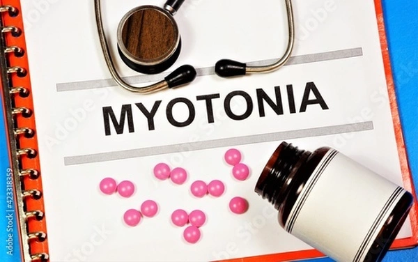 Fototapeta Myotonia. The text label of the medical diagnosis. Treatment with medications and procedures.