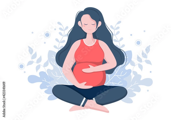 Fototapeta Pregnant Woman Doing Yoga Poses With Relaxing, Meditation, Balance Exercises and Stretching. Flat Design Vector Illustration