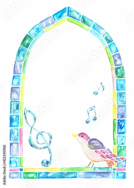 Obraz ガラスのフレーム　ガラスのト音記号　ガラスの音符　鳥
