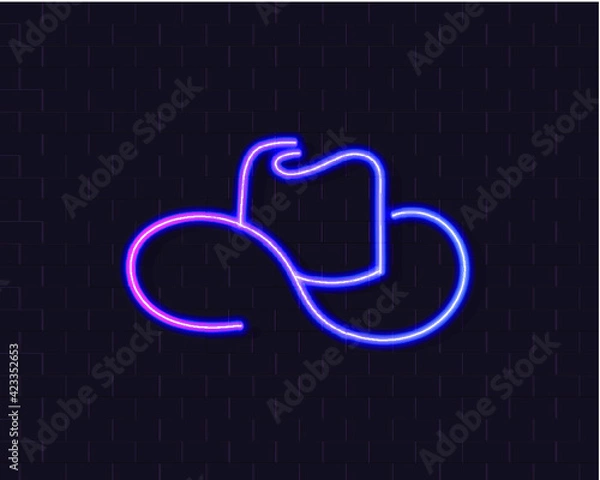 Obraz Vector Neon Cowboy Hat on Brick Wall Background, Glowing Sign, Gradient Unltraviolet Color, Logo Design.