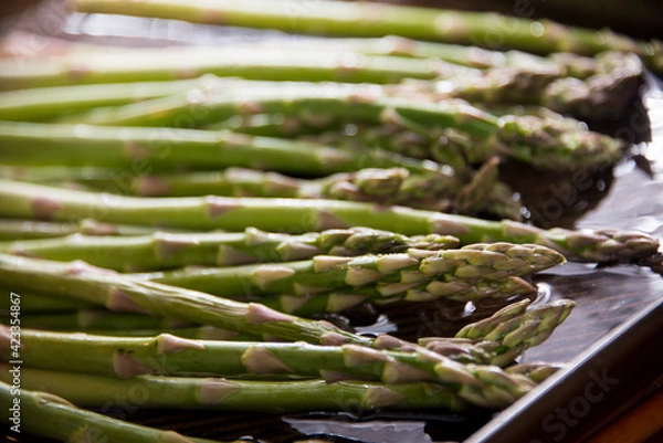 Obraz Fresh green asparagus rinsing in water
