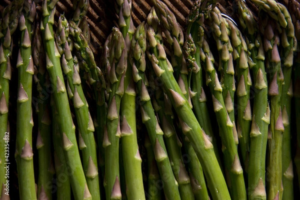 Obraz Fresh green asparagus on cooking pan