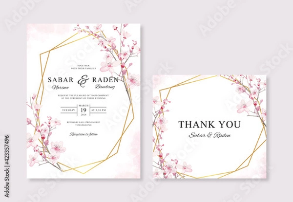 Fototapeta Beautiful wedding card invitation template with hand drawn watercolor floral