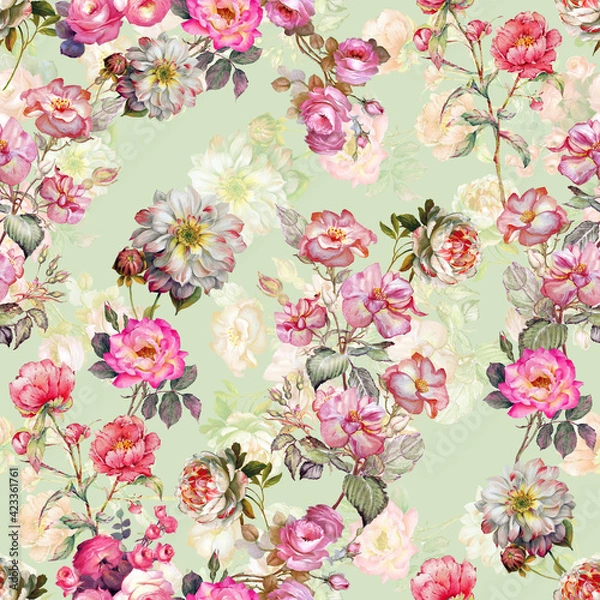 Fototapeta Colorful rosebush. Flowers and butterflies seamless background pattern