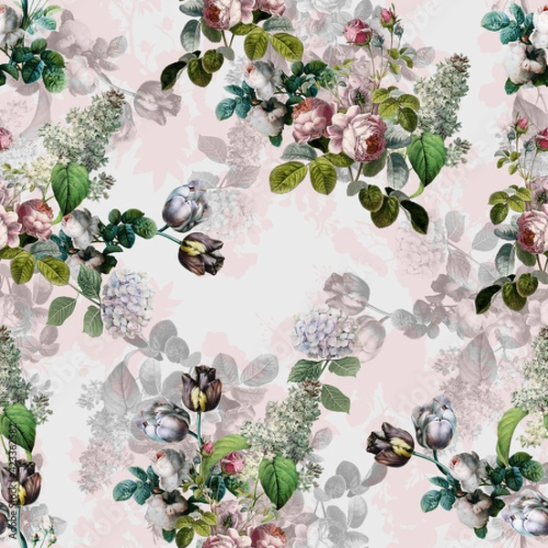 Fototapeta Flowers illustration abstract art colorful seamless pattern fabric print texture