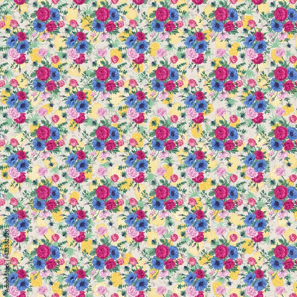 Fototapeta Flowers peach with ribbon watercolor seamless pattern
