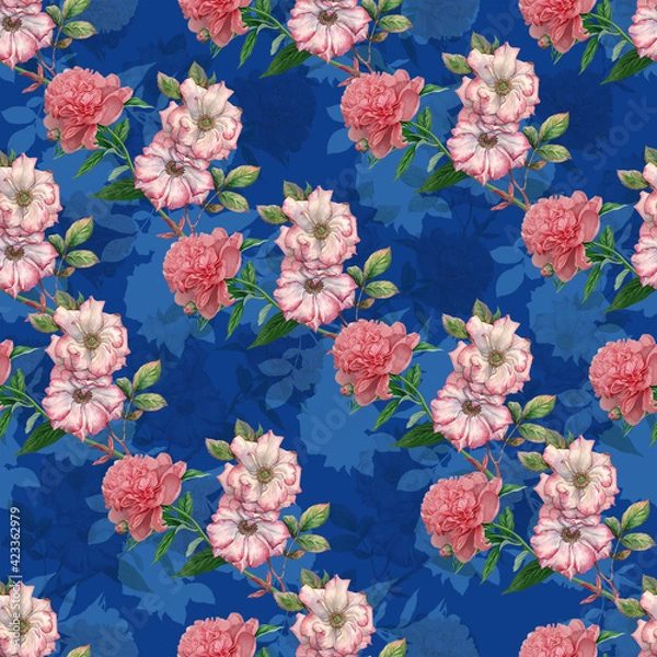 Fototapeta Flowers seamless pattern illustration wallpaper abstract texture on blue