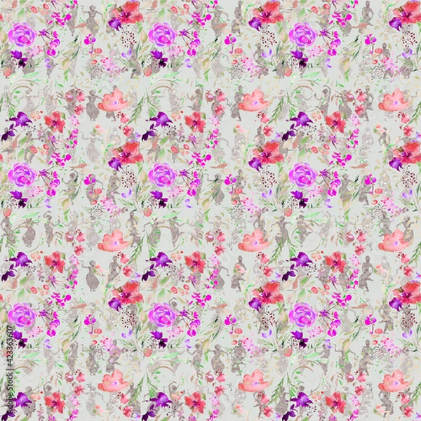 Fototapeta Openwork frame graphic, Bouquet flowers watercolor, pattern seamless