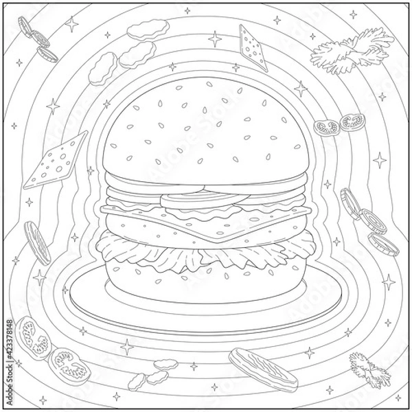 Obraz Delicious and fancy cheese burger with floating burger ingredients. Learning and education coloring page illustration for adults and children. Outline style, black and white drawing
