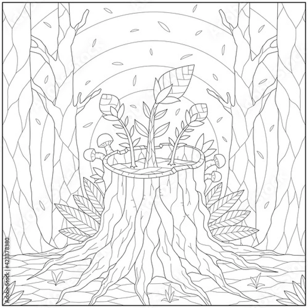 Fototapeta Fantasy plant and flower grow on the tree root in the forest. Learning and education coloring page illustration for adults and children. Outline style, black and white drawing
