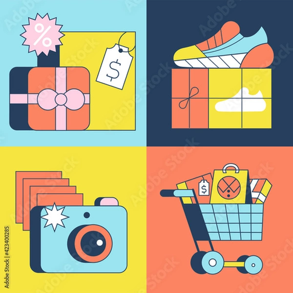 Fototapeta E-commerce set of elements. Online shopping, sales. Shopping bags, basket, sneakers, camera. Modern flat style vector illustration for banners, websites, apps